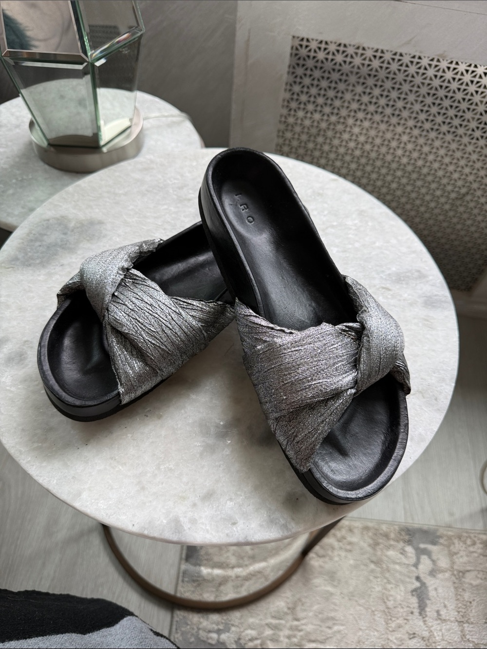 IRO Women’s Metallic Silver Knot Slide Sandals size 39